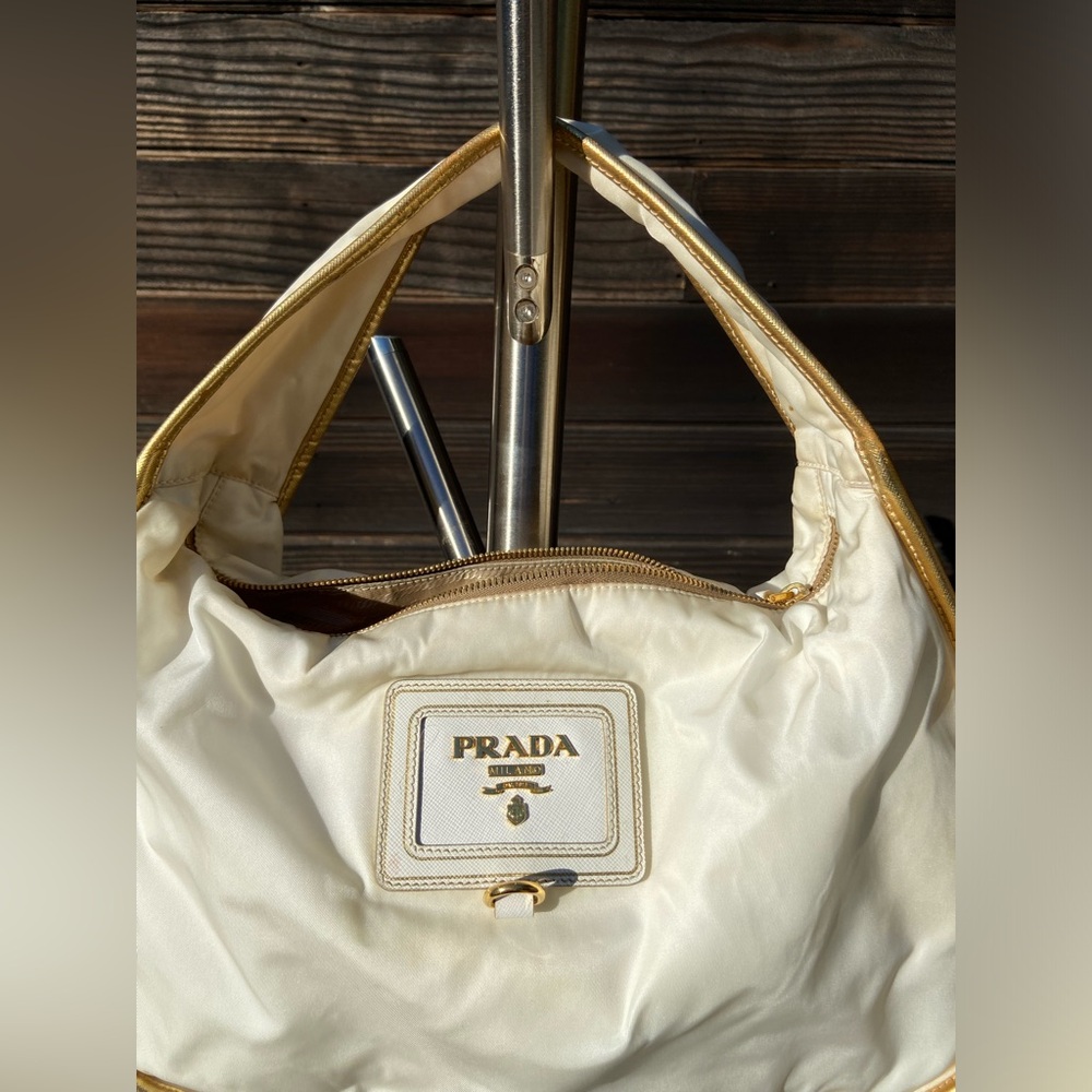PRADA Tessuto Nylon Saffiano Shoulder Bag - White with Gold Trim. - Picture 2 of 6